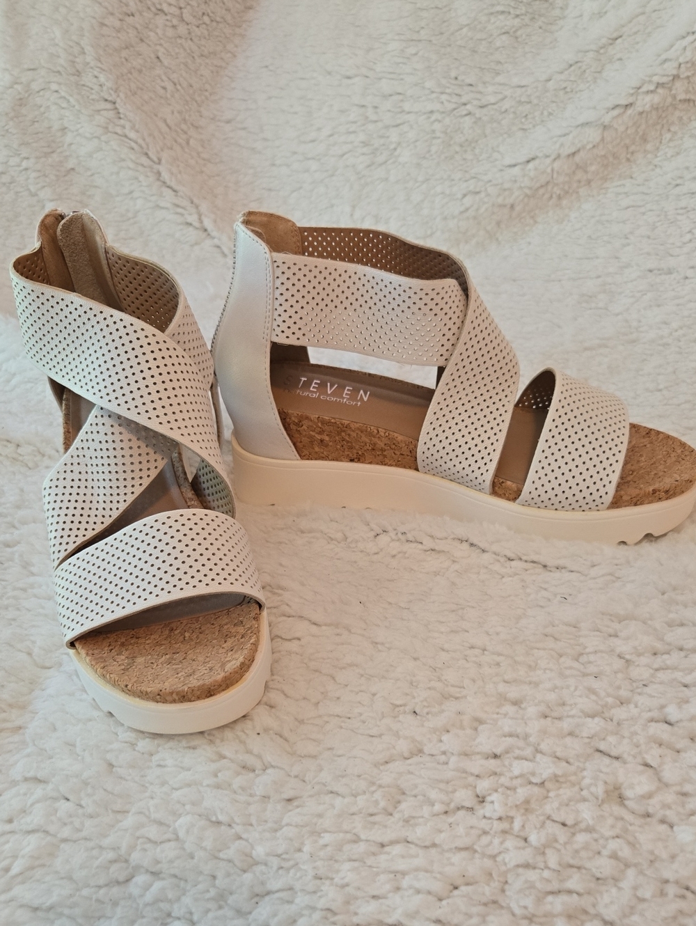 Steven White Perforated Crossover Wedge Sandals